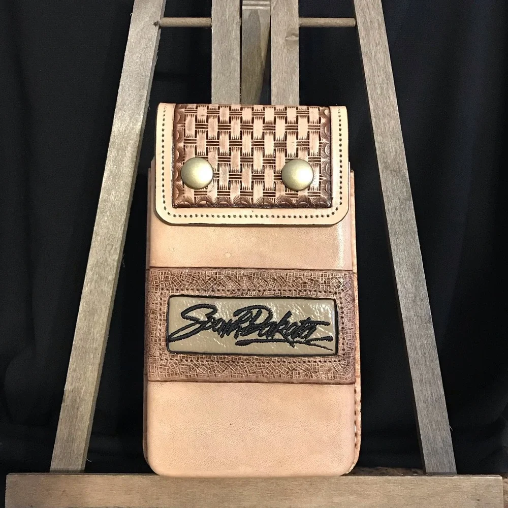 Leather Handmade Tooled Cellphone Carrier with Clip for Belt or Waistband